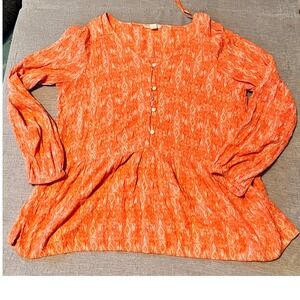 Style Co Orange Diamond Print Peasant Blouse Women's Size L Long Sleeve‎